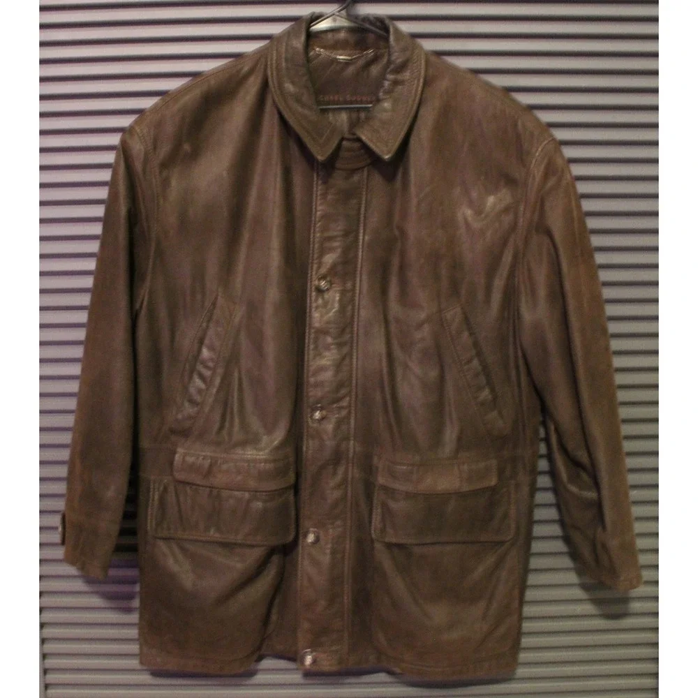 Michael Bogner Jacket Mens XL Brown Leather Field Coat Button Front Pockets